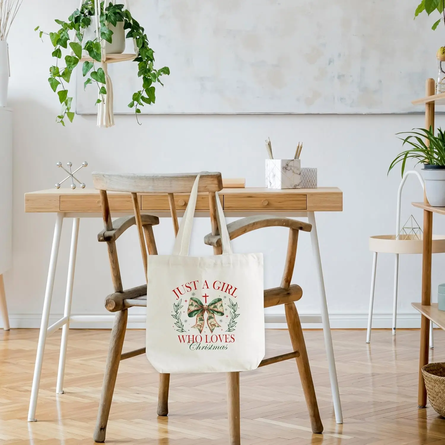 Christmas Canvas Tote Bag Just A Girl Who Loves Christmas Bow And Wreath Print Casual Reusable Shopping Tote Gift Bag