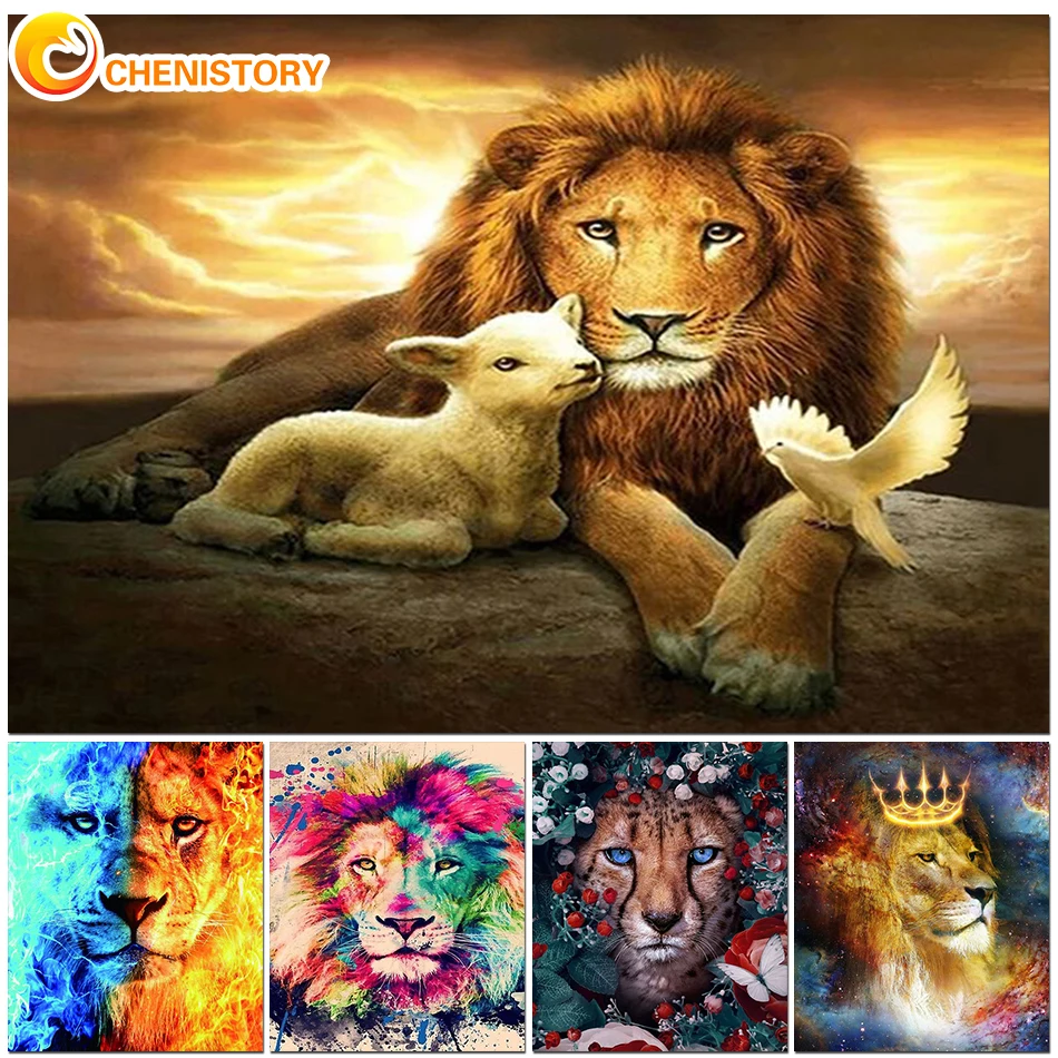 

CHENISTORY 5D DIY Diamond Painting Lion Full Round Diamond Embroidery Rhinestone Picture Diamond Mosaic Handicraft Home Decor