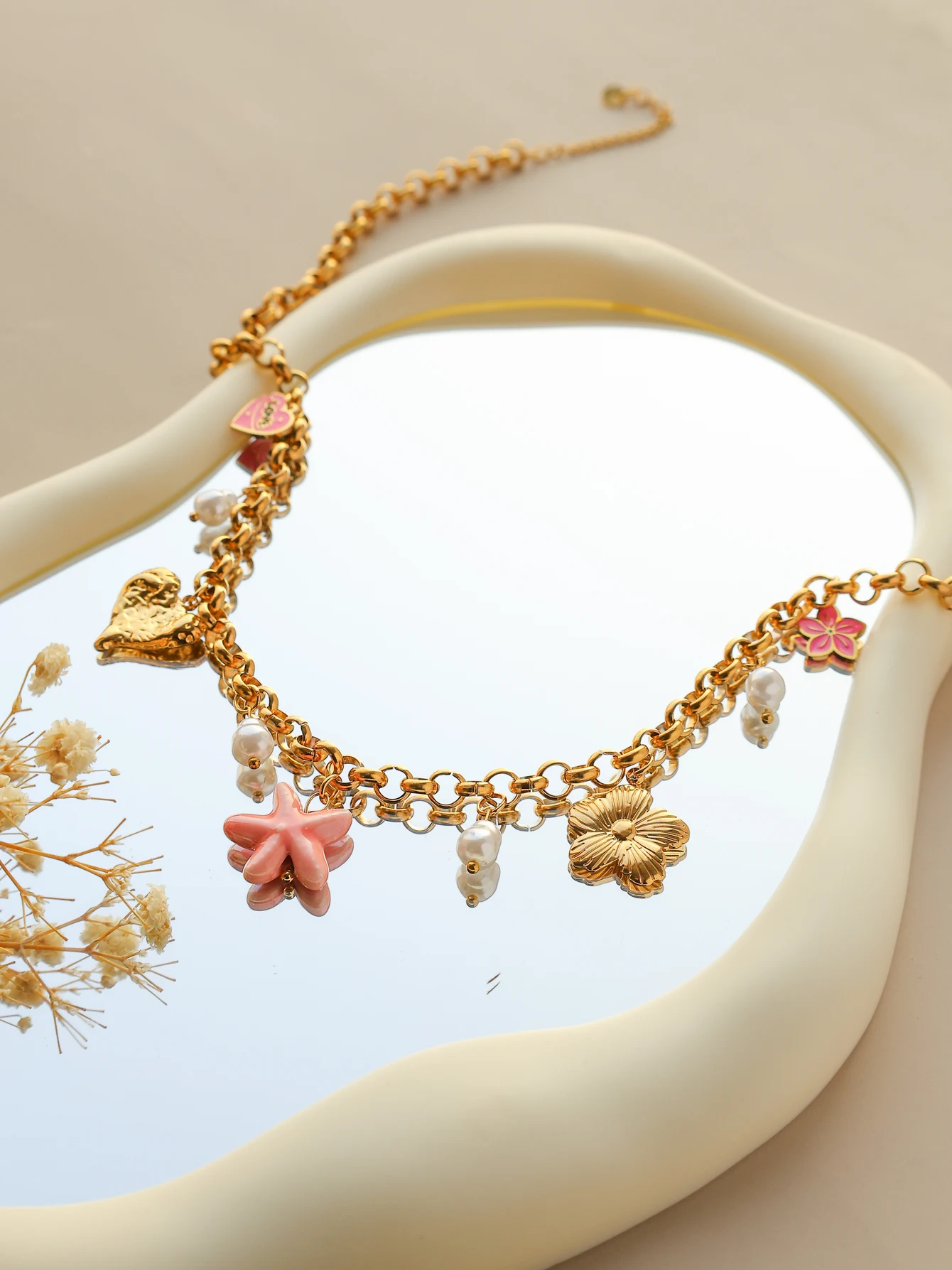 Women\'s Starfish Ceramic Flower Love Pearl Pendant Necklace Cute Heart Shaped Gold Collar High Quality Party Jewelry Gift