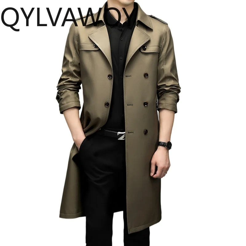 

QYLVAWOY 2025 Spring Autumn Men's Middle-Aged Mid-Length Knee-Length Trench Coat Dad's Solid Color Casual Long Outerwear LJ2209