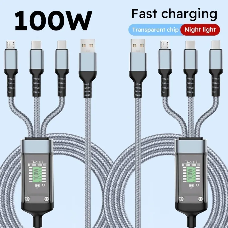 2pcs, 3-In-1 LED Display Data Cable Set, 100W Fast Charging, Nylon Braided Cable, with Type-C, Micro-Usb, Interfaces, Suitable for Iphone, Android, Huawei, And Laptops