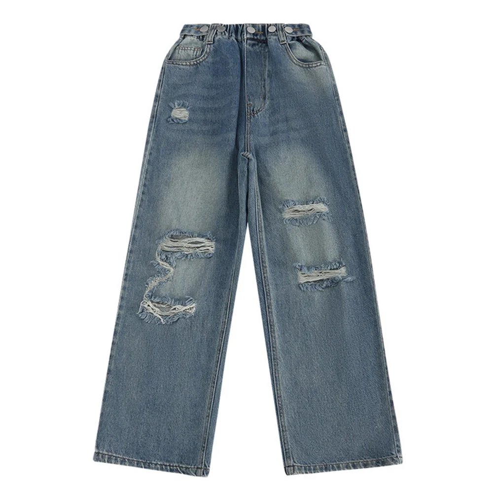 MK83 Fashion Girls Jeans Children\'s Wide Leg Pants Broken Hole Straight Kid Jeans Denim Straight Leg Pants