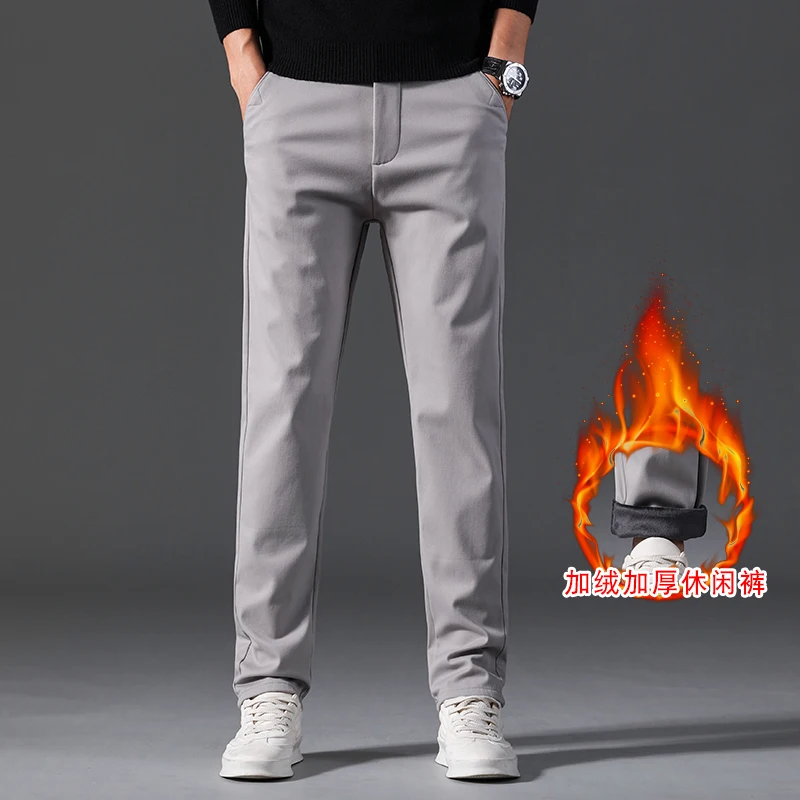 Winter Men Warm Trousers Big Size Classic Style Business Fashion Regular Thick Casual Pants Male Brand Khaki Blue Gray Black