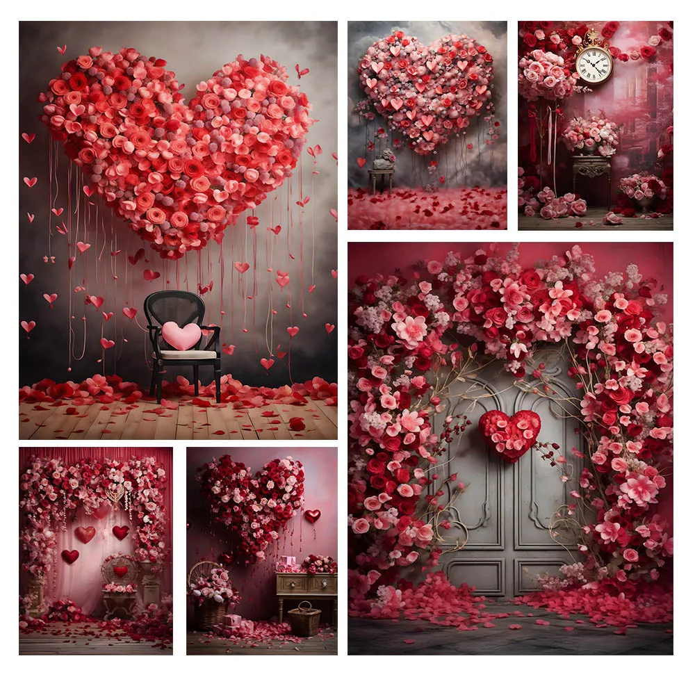 

Mehofond February 14 Valentine Photo Background Romantic Red Love Heart Scenic Flower Balloon Decor Photography Backdrops Props