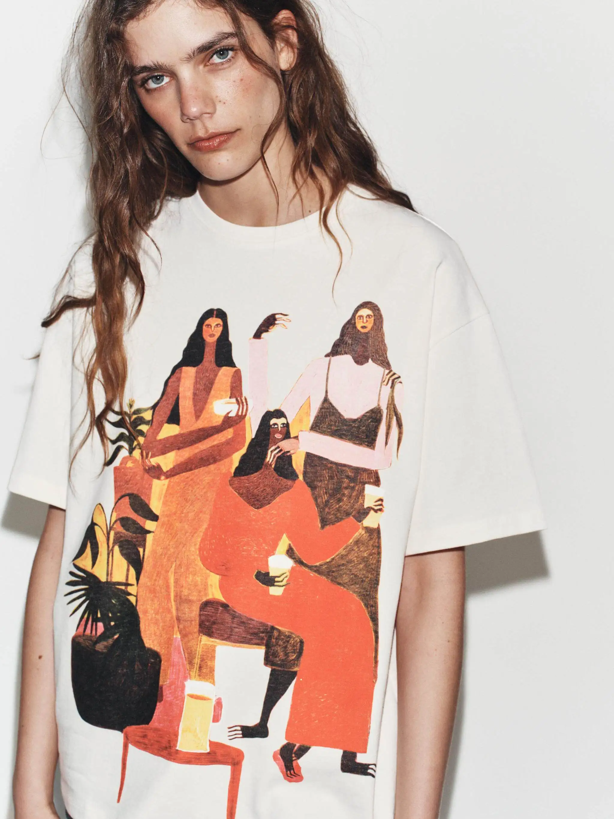 

New Summer Women's T-shirt Short Sleeve round Neck Printed Wash Effect 6050073 6050072 Ethnic Stage Costume round Neck T-shirt