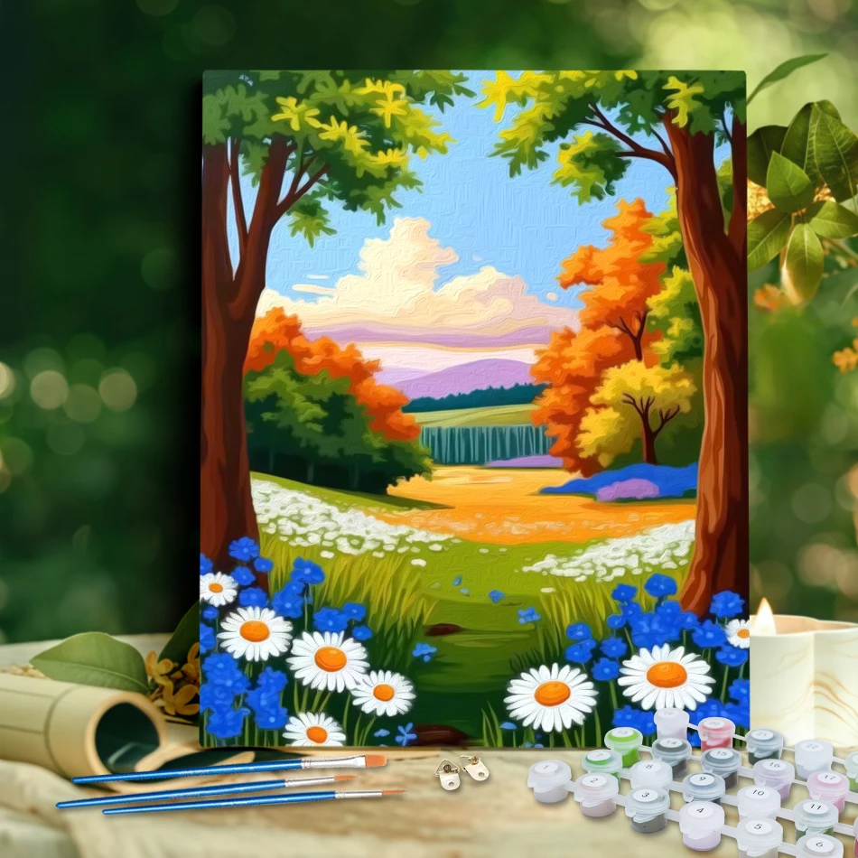 

RUOPOTY Painting By Number Complete Kit Park path scenery Diy Set Canvas Wall Art Decorative Paintings Markers By Numbers Paint
