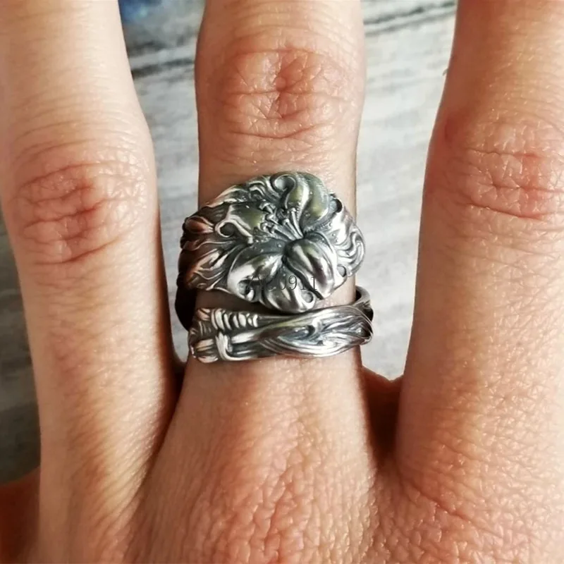 *خاتم زهرة اللوتس الرجعية للرجال والنساء فضية اللون الشرير القوطية خاتم قابل للتعديل خمر اليدوية للجنسين مجوهرات اكسسوارات هدية