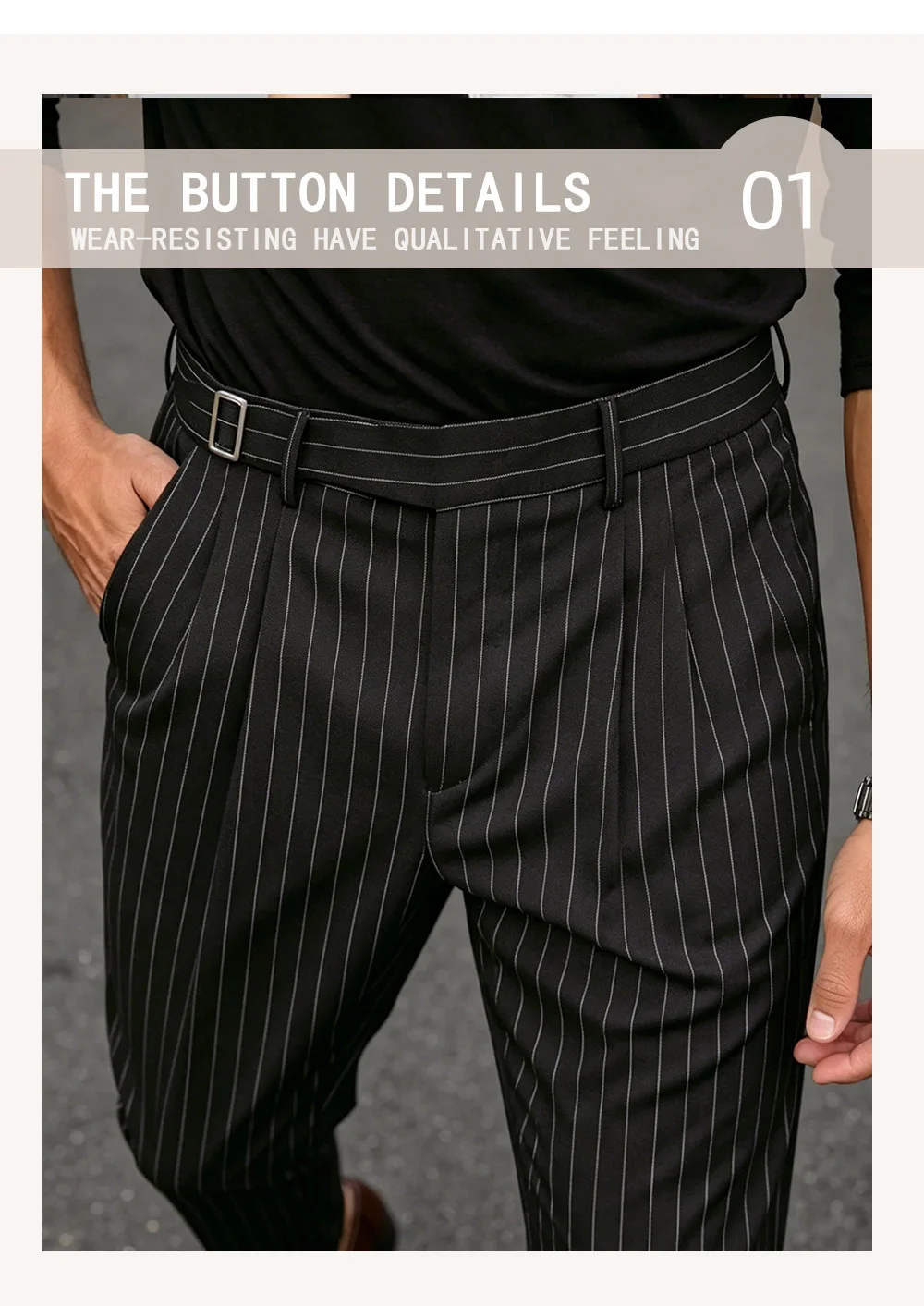 Herrenhose mit Streifenmuster, aus gewebtem Stoff, mit verstellbarem Bund und Knopf, gerades Bein, mit Taschen, elegante Business-Hose für Büro und Alltag. – Detail 3