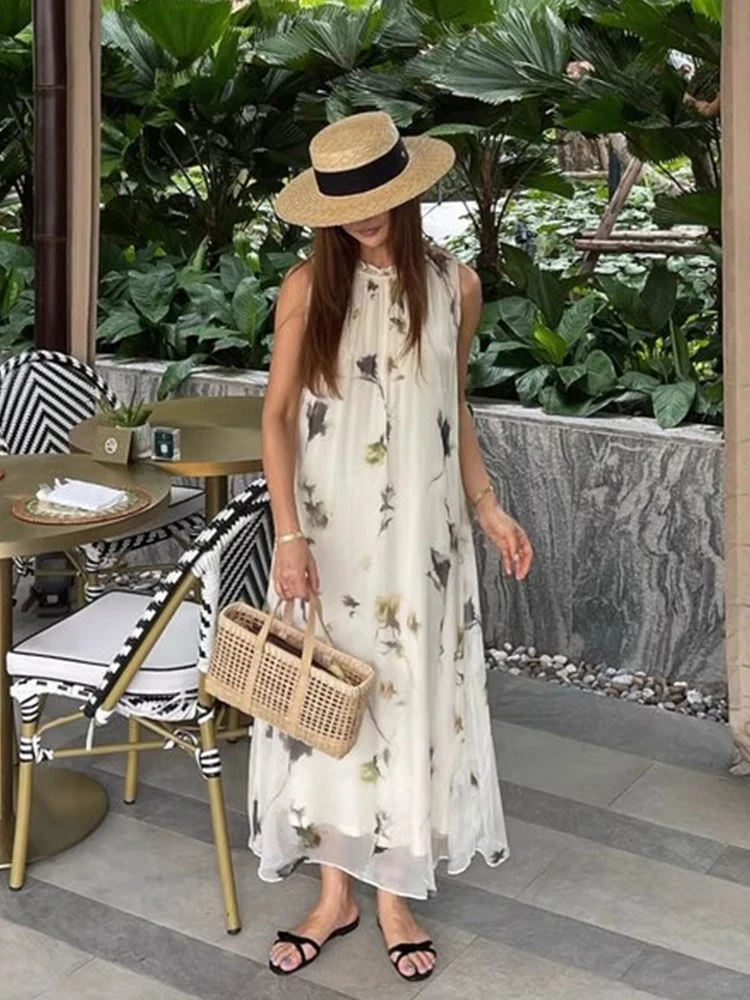 Liliang Summer New Sle Vintage Floral Lace ter Vest Dr Women's Loose Waist A-Line Long Skirt Svel Stand Collar