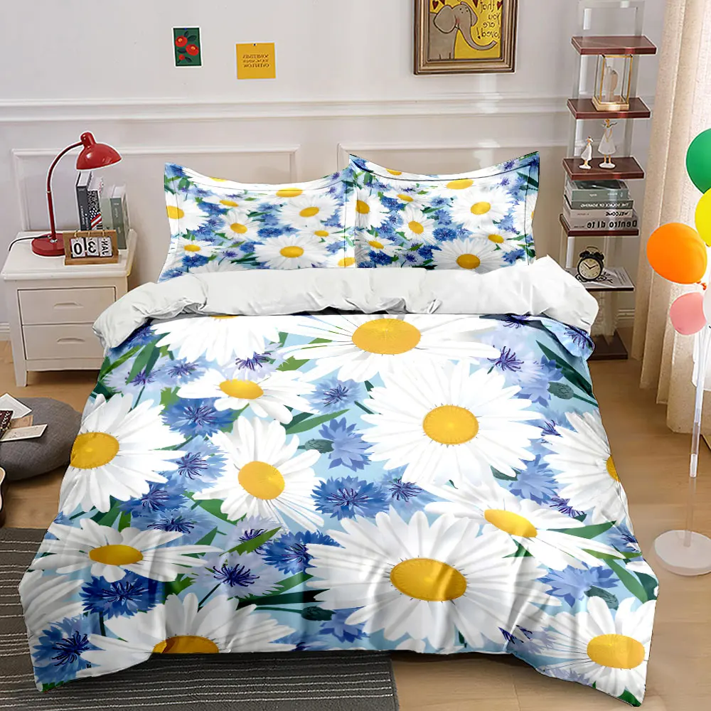 

White daisies and blue cornflowers Pattern Duvet Cover Set Digital Print Colorful Polyester Bedding with Zipper Closur for gift