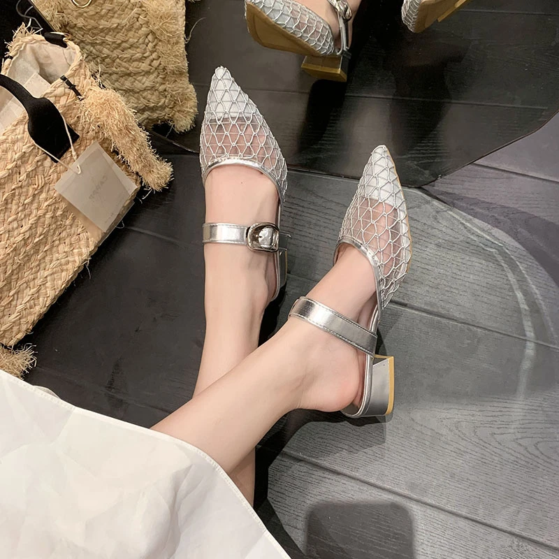 Fashionable Metal Buckle Head Cover  Women's Spring Season Pointed Toe Slope Heel French Style Outdoor Wear Summer Trend Shoes
