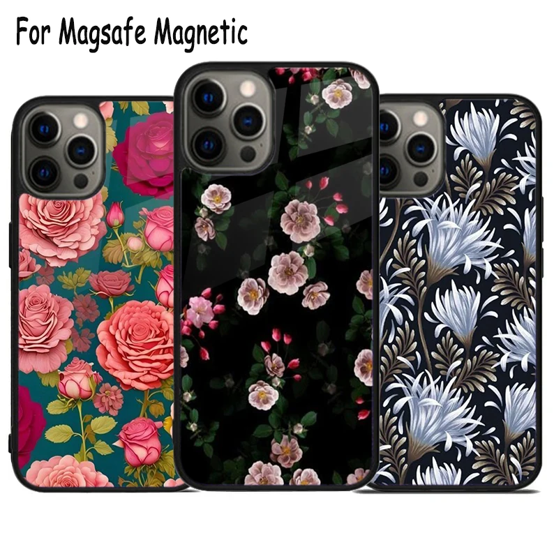 Midnight Floral Bouquet Wireless Charge Magsafe Phone Case For iPhone 15 16 14 13 11 12 Pro Max Plus Magnetic Bumper Cover