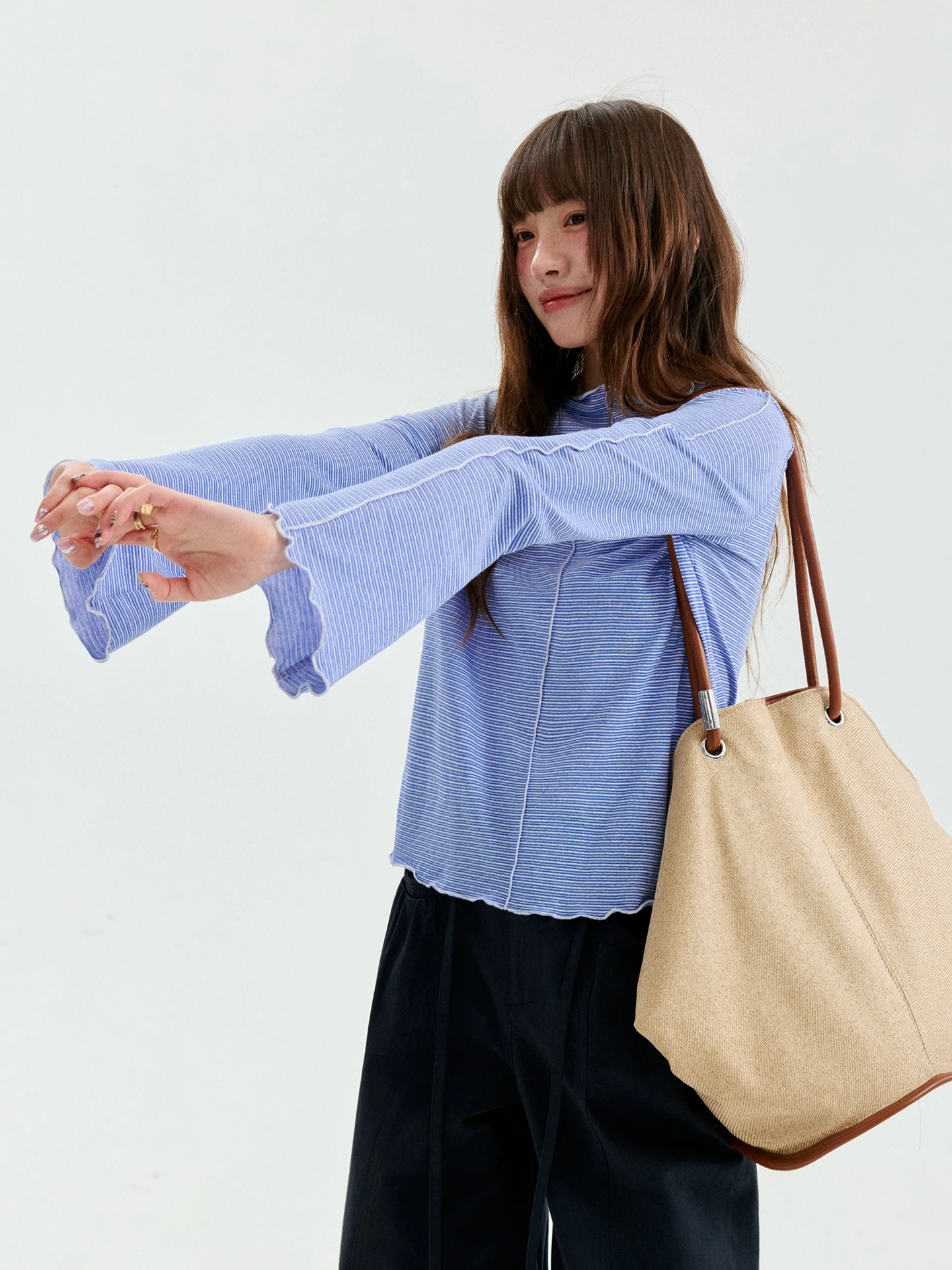 Loose Women's T-shirt with Bell Sleeves Blue Striped Wave  AMUU Original Design Commute Style Korean Fashion Inner Wear