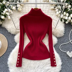 Vintage Turtleneck Basics Long Sleeve Chic Metal Buttons Vertical Knit Top Women Fashion High Street Autumn Winter Slim Clothing