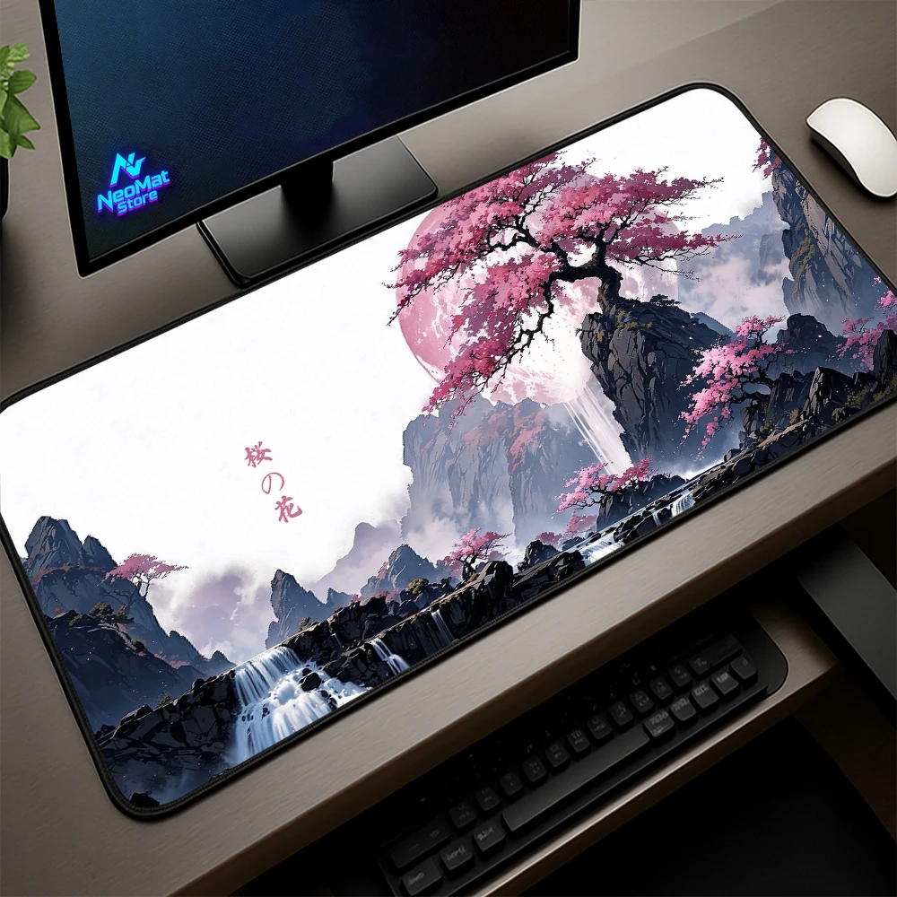 Japanese Desk Mat XL Gaming Laptop 90x40 Mountain Landscape Blossom Sakura Pink Serene Cherry Aesthetic Mousepad Accessories