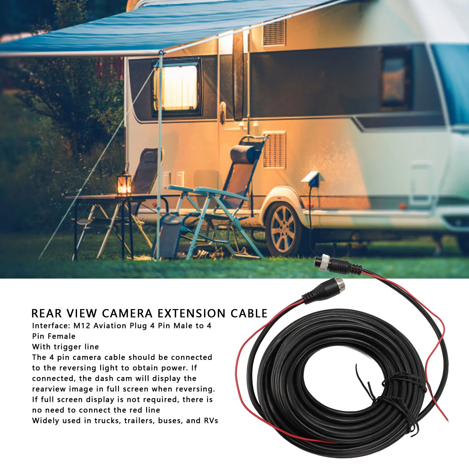 Dashcam Reverse Camera Extension Cord Flexible Backup Camera Extension Cable Stable Connection PVC for RV for Trailer for CCTV