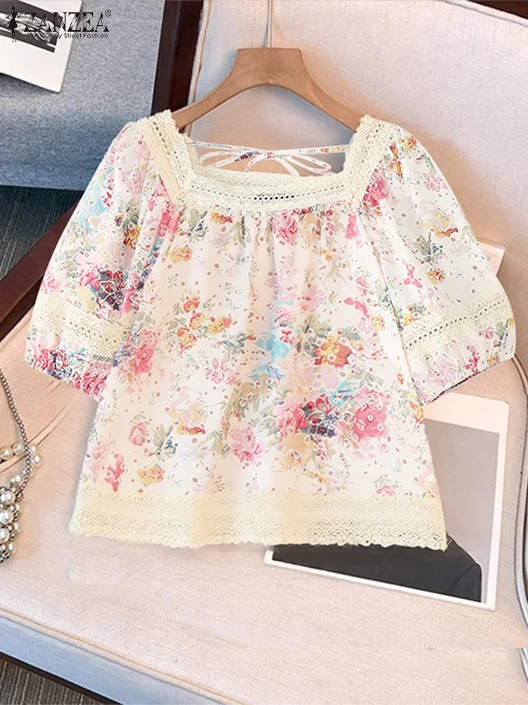 Lace Blouse Women Printed Tops Vintage Short Sleeve Tunic 2025 ZANZEA Fashion Pacthwork Blusas Casual Loose Square Neck Tops