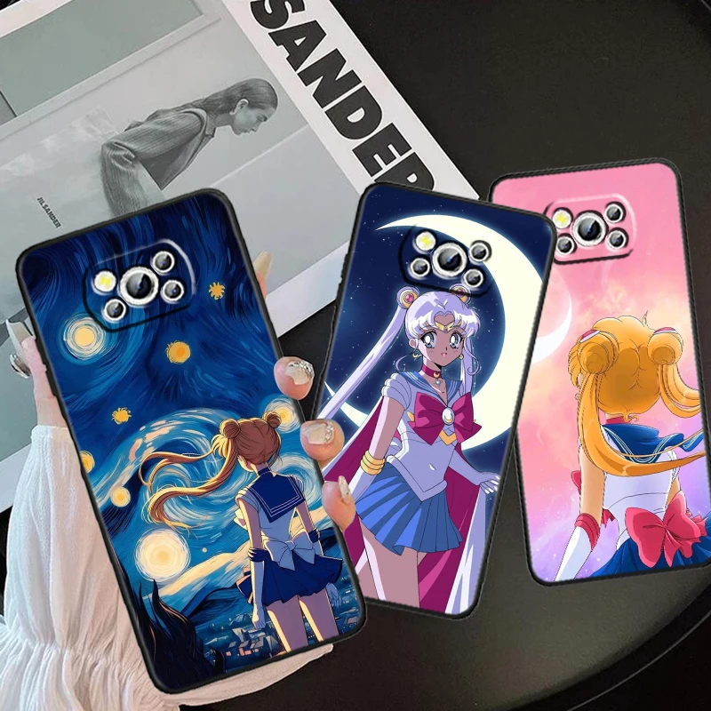 Anime Girl S-Sailors M-Moons For Xiaomi Mi Poco F5 F4 F3 X6 X5 X4 X3 M6 M5 M5S M4 M3 C65 Pro GT NFC 5G Black Soft Phone Case