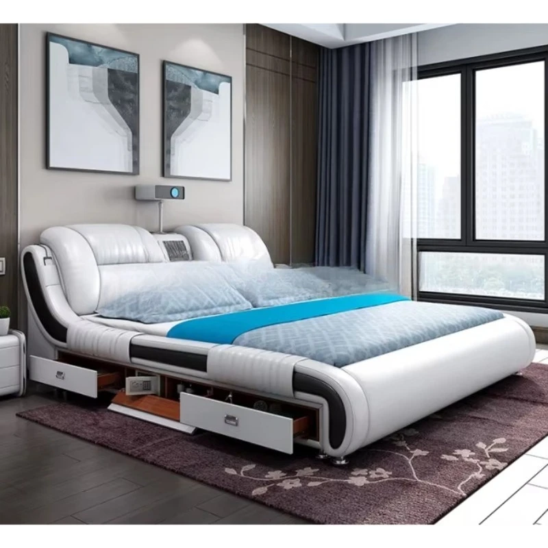 Genuine Leather Bed Multifunctional Beds Ultimate Massage Camas with Bluetooth,Speaker,Safe,Air Cleaner, Projector,Drawers