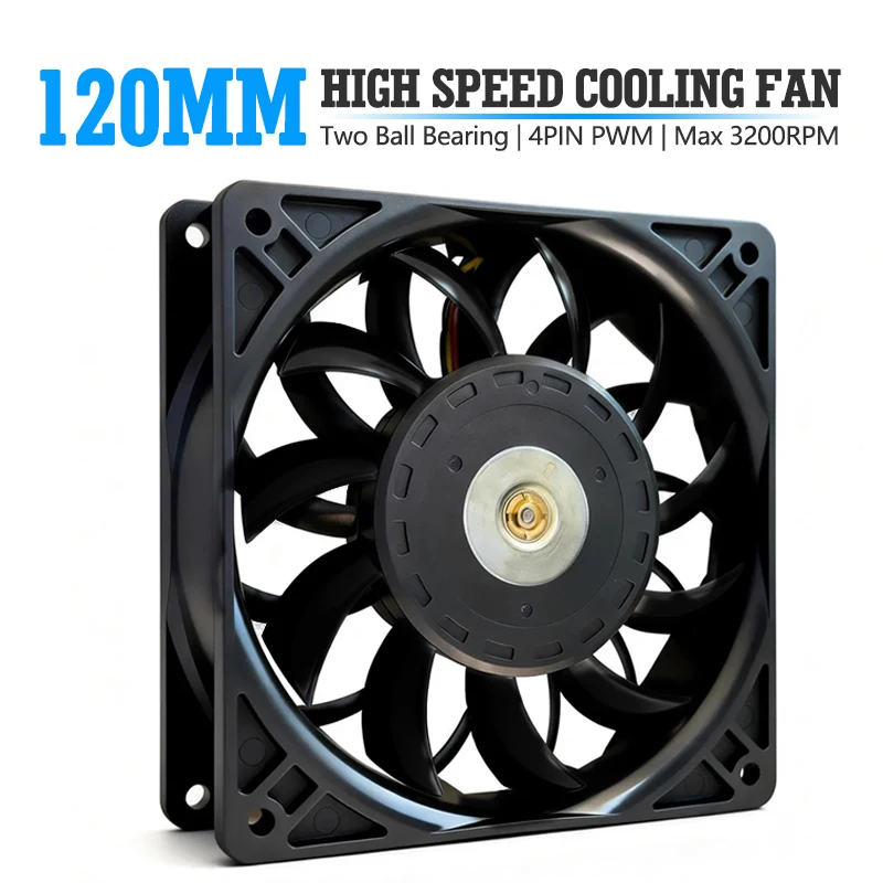 JUMPEAK 12V Two Ball Bearing 12025 120mm PC Cooling Fan PWM 4PIN 3200RPM High Speed For Computer Server Cabinet Case CPU Cooler