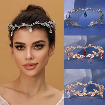 Neue Vintage Krone Blätter Waterdrop Pendent Tiara Hochzeit Haarband Strass Party Prinzessin Elf Frisur Schmuck