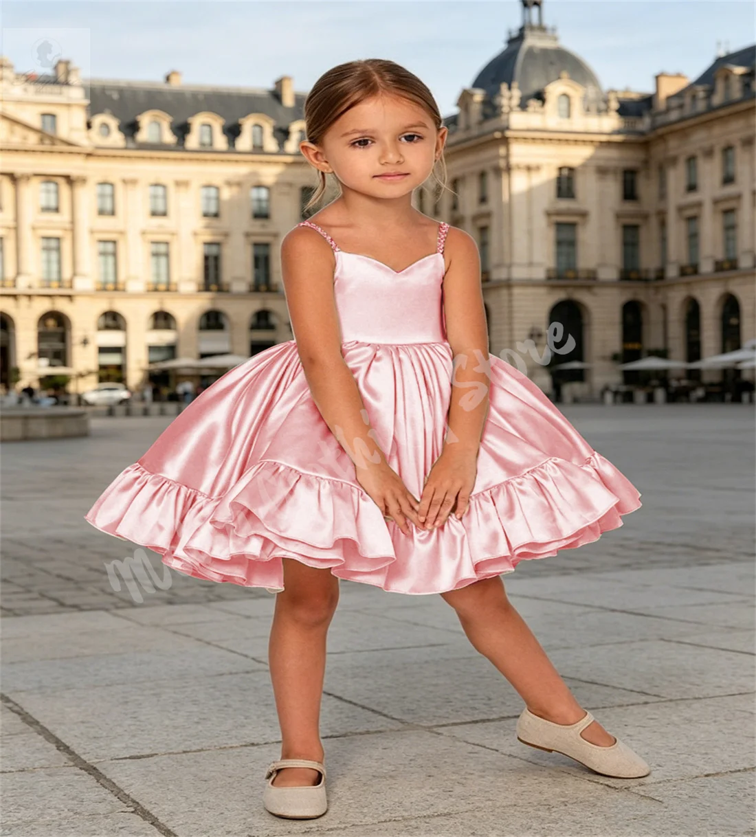 Pink Wedding Bridesmaid Flower Girl Dresses Satin Puffy Spaghetti Strap Birthday Party Performance Kid First Communion Gown