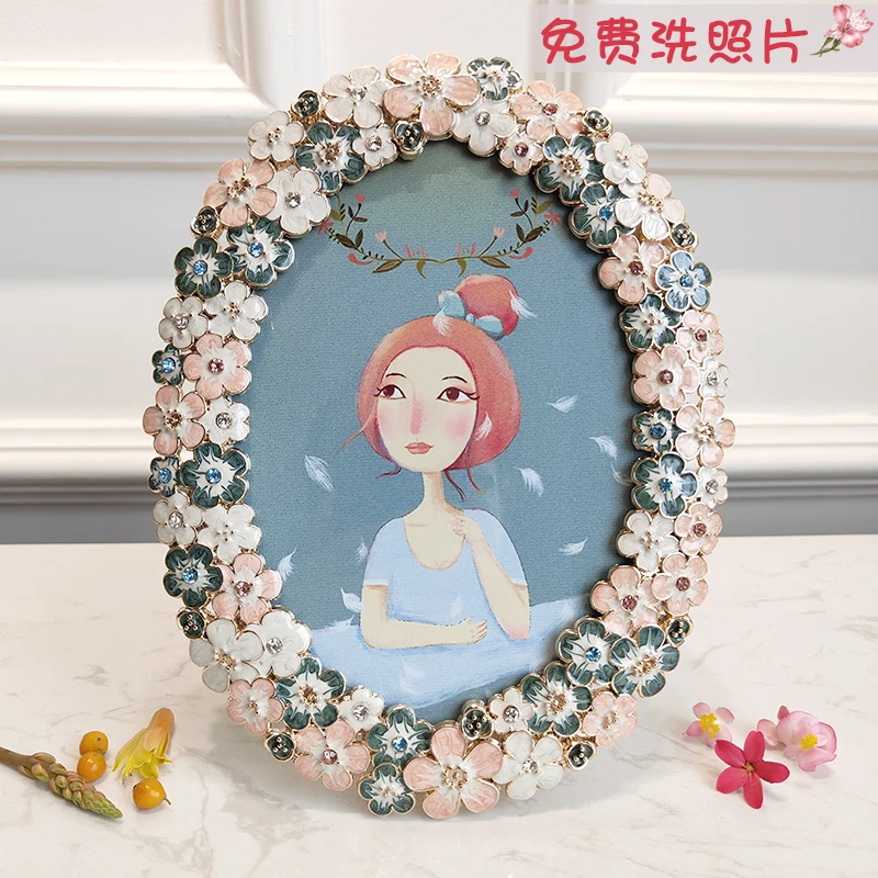 4 6 inch 7 inch oval photo frame French romantic photo frame European luxury creative table high-end enamel color photo frame gi