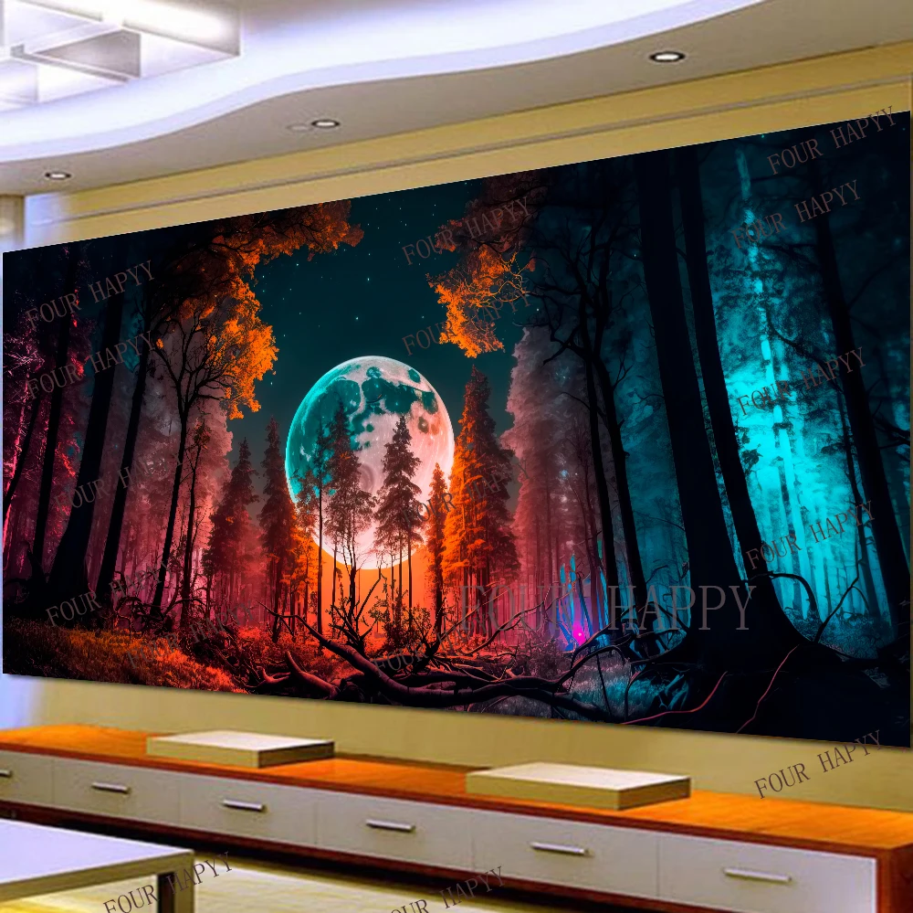 

5D DIY Large Diamond Painting Cross Fantasy Forest Moon Landscape Wall Art, Full Round Drill, Embroidery Home Decor