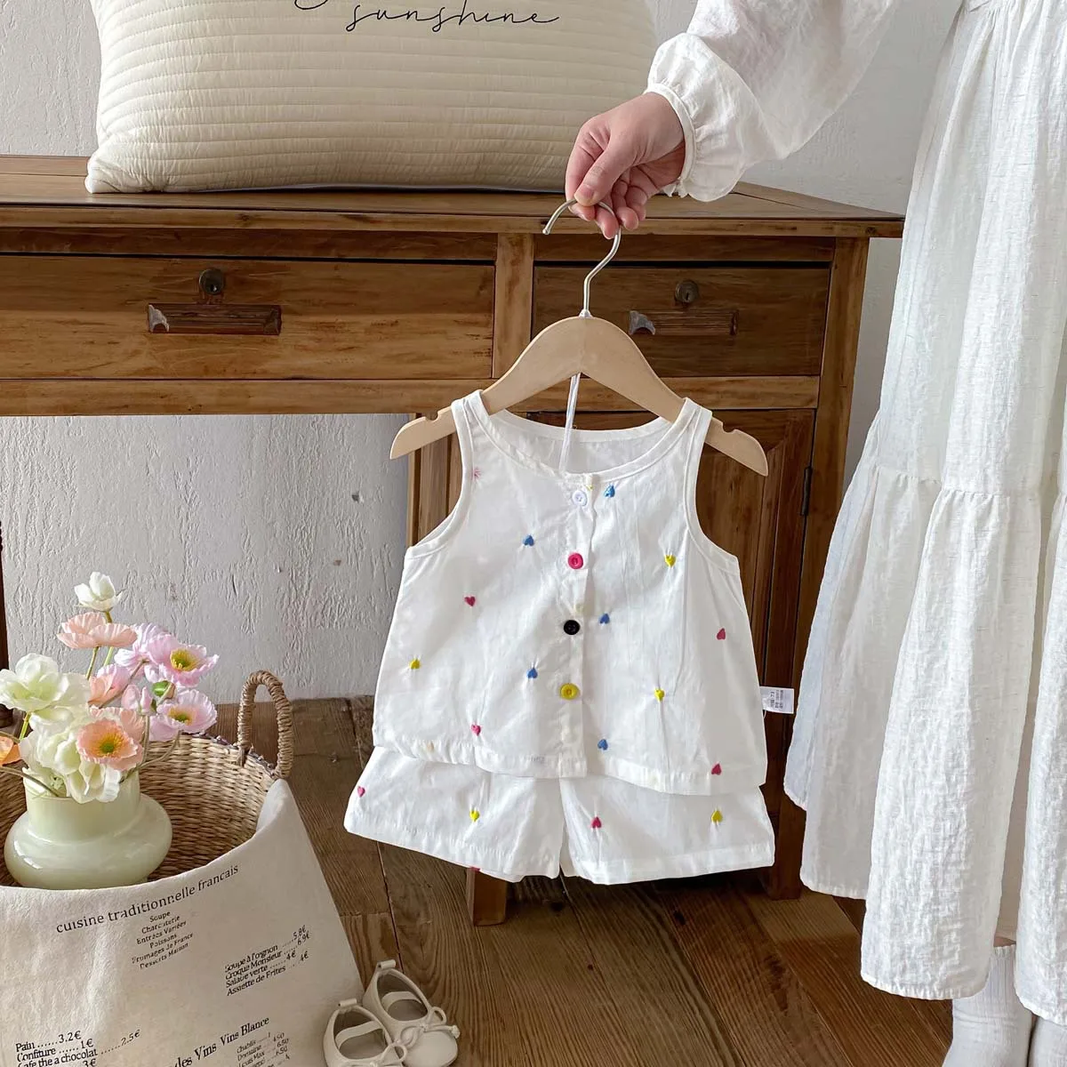 Summer New Product Love Embroidered Open Button Set Korean Edition Thin Baby Cool Tank Top Shorts Split Two Piece Set