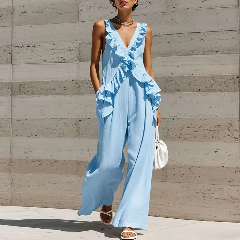 

Summer Sleeveless Backless Boho Overalls Sexy Deep V Neck Ruffle Women's Jumpsuit 2026 Spring Fashion Solid Slim Straight Romper
