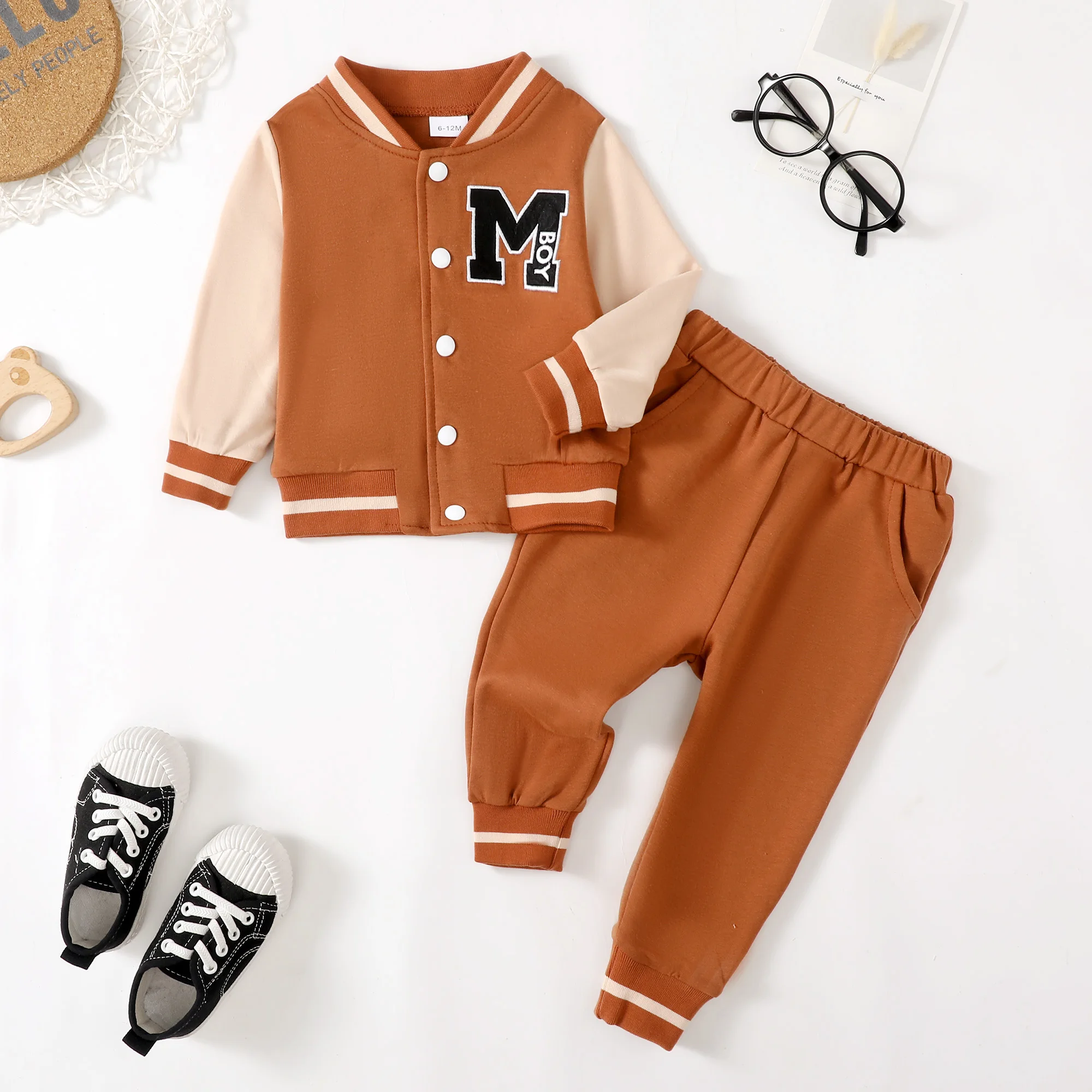 2pcs Baby Boy\'s Clothing Spring & Fall Monogram Print Varsity Jacket Set Color Clash Jacket & Pants For Toddler Boy As Gift