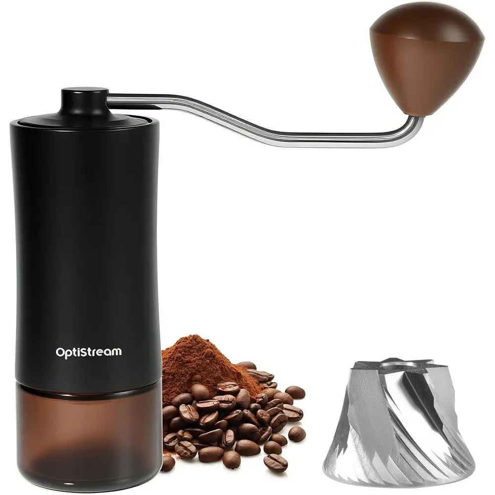 

Портативная ручная кофемолка - жернова из высокоуглеродистой стали, равномерное помолование 20 мкм, цельный корпус и стеклянная банка с тонировкой, емкость 25 г.