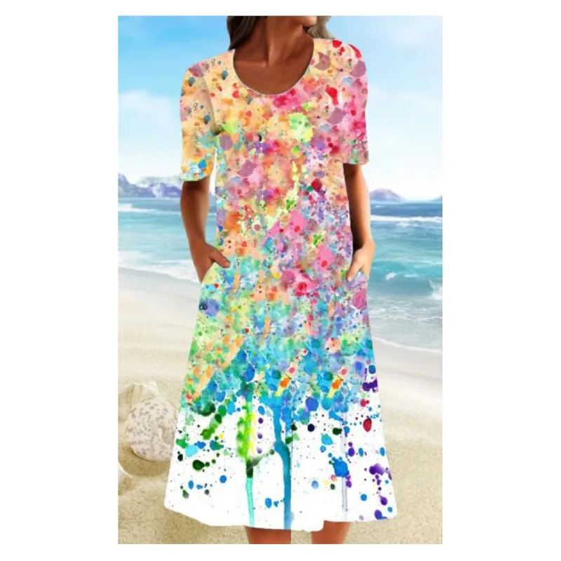 Dresses Summer 2024 For Woman New Flower Printing Rouund Neck Pocket Short Sleeve Elegant Casual Loose Vintage Female\'s Vestidos