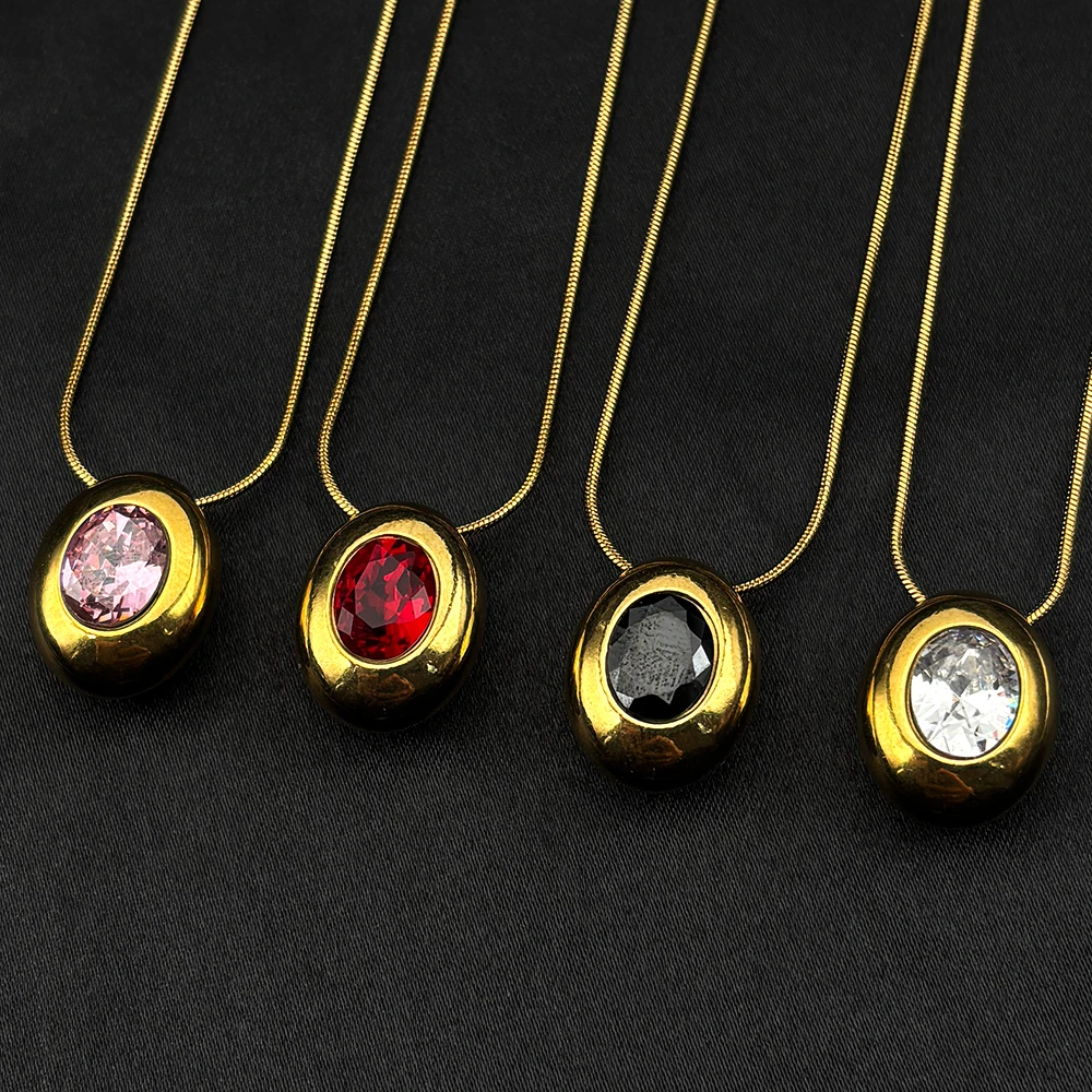 

Fashion Snake Chain Red Black Necklace for Women Stainless Steel Gold Color Glass Oval Pendant Engagement Simple Jewelry Gift