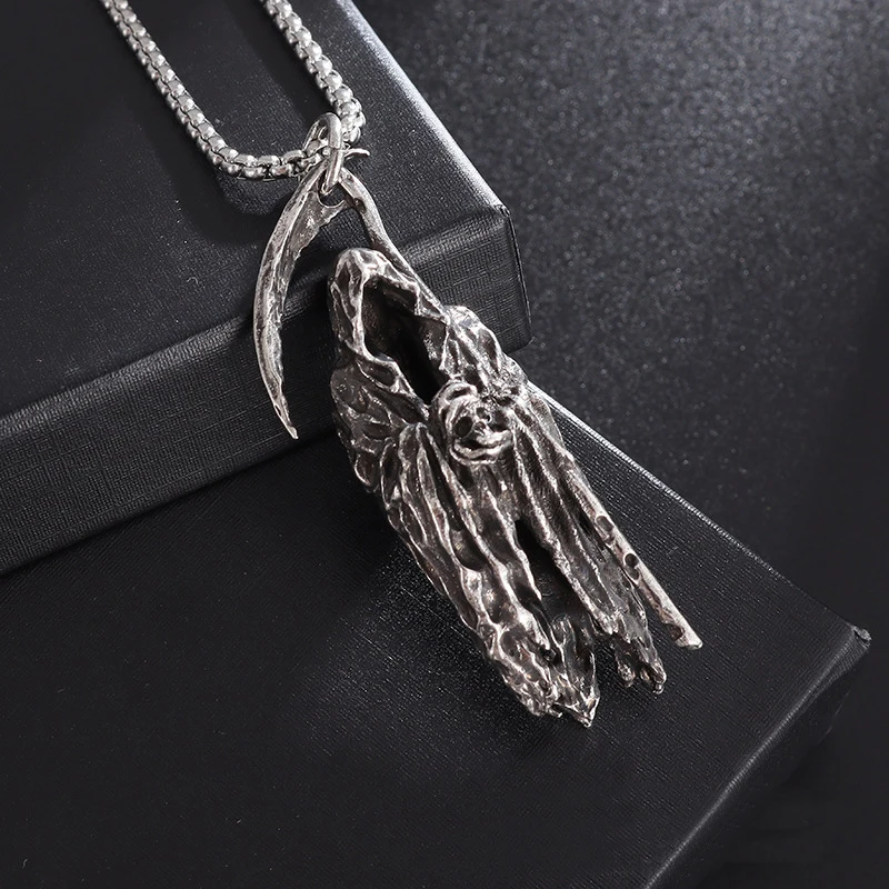 Retro Cloaked Grim Reaper with Sickle Pendant Necklace For Men Hip Hop Punk Silver Color Stainless Steel Neck Chain Jewelry Gift