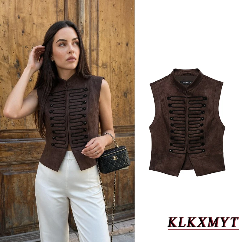 Women Vintage Embroidery Short Vest Jacket Ladies Fashion Stand Colllar Short Sleeveless Vests For Women Casual Chic Brown Tops
