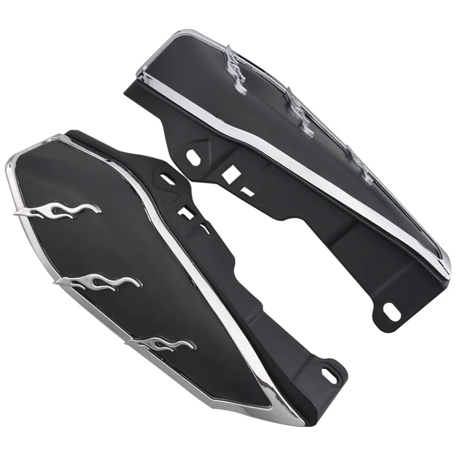

For Harley Touring Road King Electra Street Tri Glide 09-16 Left +Right Black Mid-Frame Air Heated Deflector Chrome Flame Trim