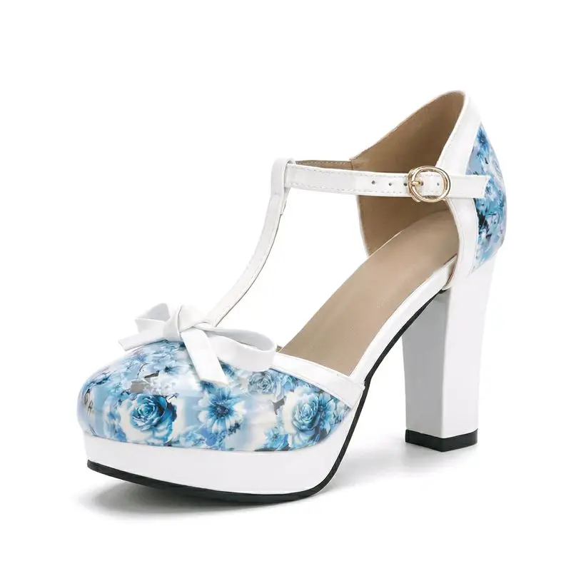 Blue Women Sandals Round Toe 9cm Block Heel 2cm Platform Buckle Strap Flower Mixed Color Plus Size 44 45 46 Sexy Shoes
