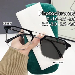 Retro Polygonal Full Frame Photochromic Near Sight Glasses Trendy Metal Double Beam Myopia Glasses  Anti Blue Light Glasses