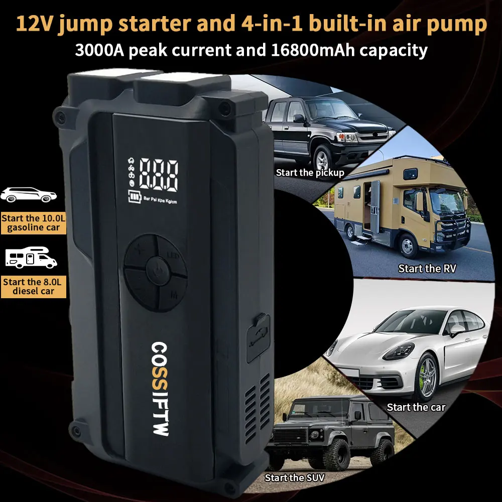 COSSIFTW Car Jump Starter Emergency Air Pump 150PSI Air Compressor 16800mAh Peak Current 3000A Starter Device Tire Inflator