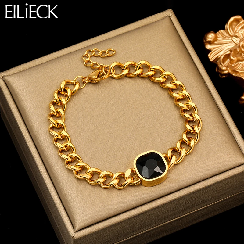 EILIECK 316L Stainless Steel Black Zircon Crystal Bracelet For Women Girl Fashion New Holiday Gift Wrist Chain Bangles Jewelry