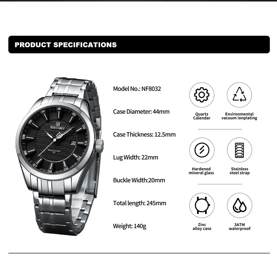 NAVIFORCE Brand 2024 New Design Men\'s Quartz Wristwatches Stainless Steel Strap Waterproof Watch Male Date Clock Reloj Hombre