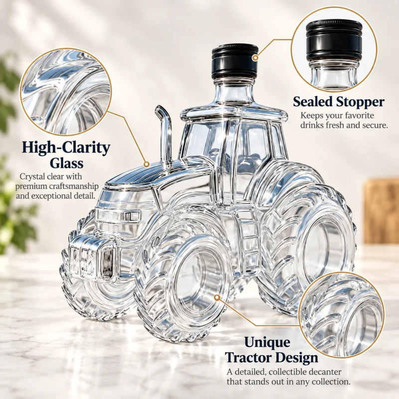 3D Tractor Shaped Liquor Decanter Glass Whiskey Bottle Farm Style Home Bar Decoration Collectible Gift for Dad