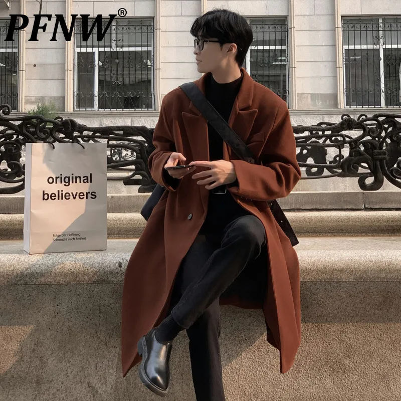 PFNW Black Grey Woolen Coat Men's Korean Style Trendy Knee Length Loose Fit Tweed Overcoat Autumn Winter 2024 New Blends 12C1178