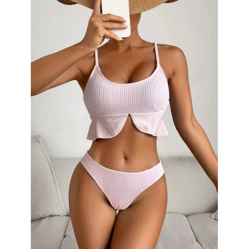 

2026 Strappy Ruffle Bikinis Padded Swimsuit Women Solid Sexy Swimwear Female Beachwear Bathers Bathing Swimming Swim Suit