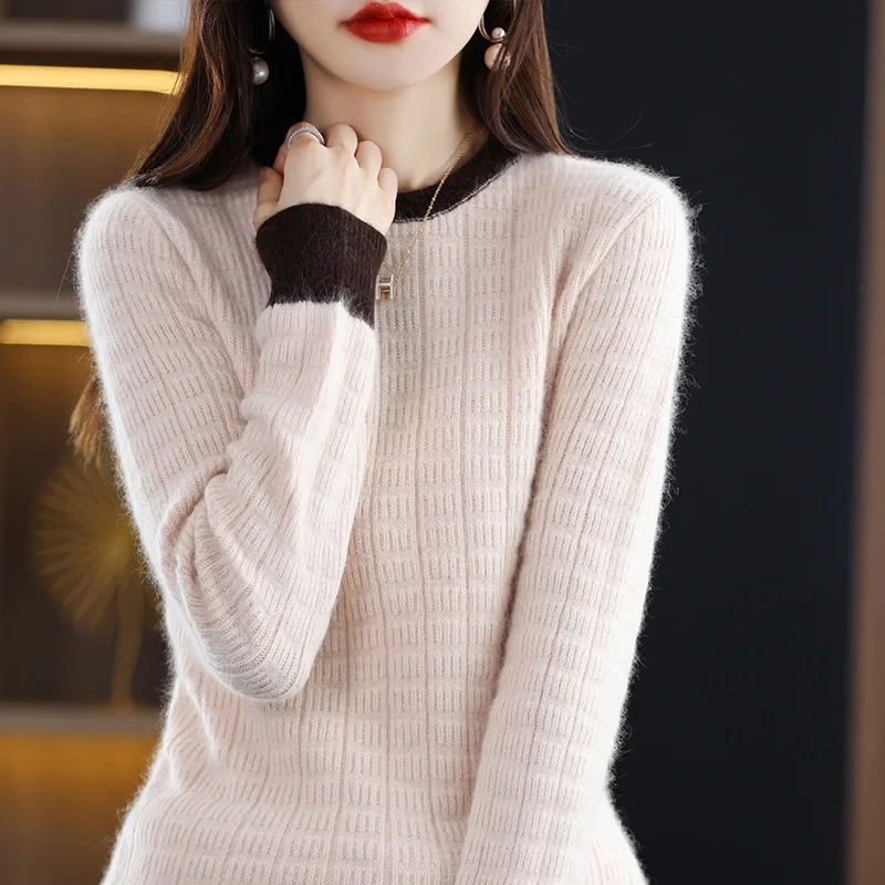 Design sense color blocked jacquard 100% wool sweater women's round neck western-style pullover loose sweater cashmere knit base