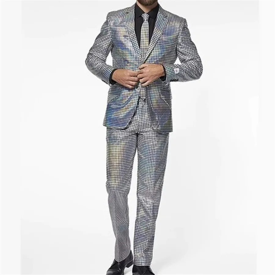 

Блестящий костюм для выступлений, мужской комплект из двух предметов, клетчатая одежда для певицы, косплея, куртка, брюки, уникальный дизайн, наряды для дискотек