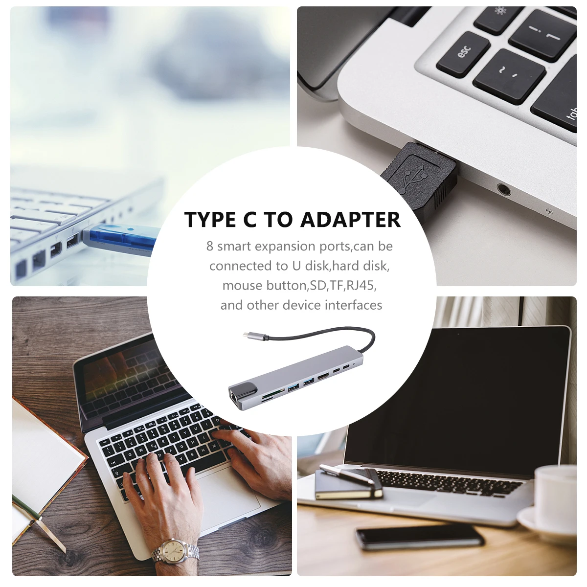

1pc Type C Expansion Dock Adapter Hub USB 3.0 4K Ports Dual Insert Compatible Devices
