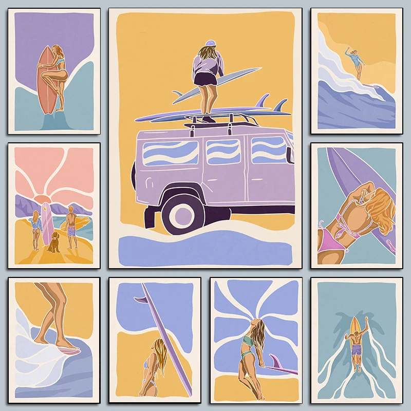 Minimalist Surf Girl Posters Ocean View Beach House Prints Canvas Painting Wall Art Pictures Home Sporty Teen Girl's Room Dec
