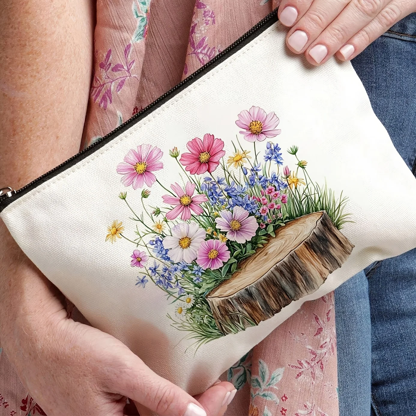 A Spring floral stump patterned makeup bag- multifunctional zipper pouch, jewelry storage bag, perfect travel zipper small stora